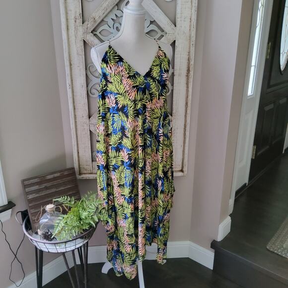 Tyche Women's Flowy Asymmetric Adjustable Tie Back Strap Midi Dress Tropical - Picture 1 of 13